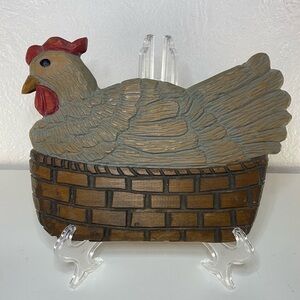 VTG Folk Art Carved Wood Look Hen on Nest Basket Figurine Farmhouse 8.5" Decor